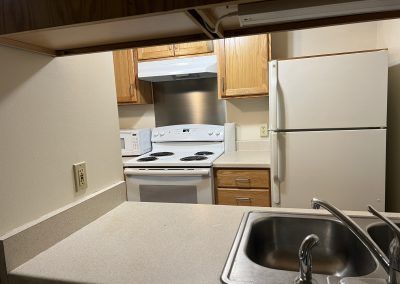 View of kitchen with sink, wood cabinets, oven, oven vent, microwave, and fridge in an affordable apartment in Iron County, Michigan.